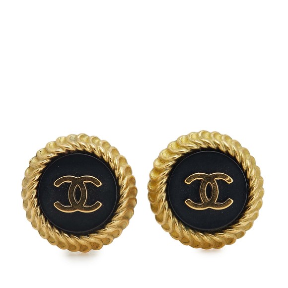 Pre-Loved Chanel Gold Plated and Enamel CC Round Button Clip On Earrings - Picture 1 of 3